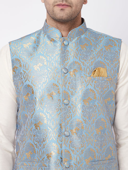 Vastramay Men's Viscose Cream Kurta And Pyjama With Grey Woven Nehru Jacket